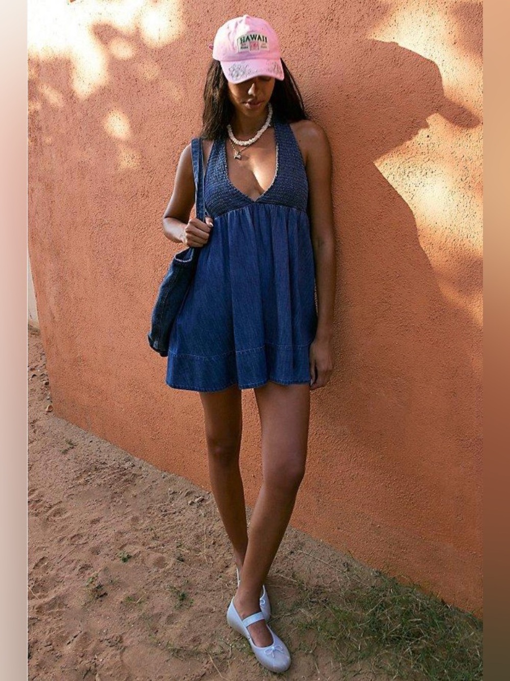 BDG Iris Smocked Jean Plunging V-Neckline Halter Mini Dress
